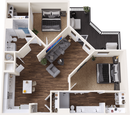 a 3d rendering of a two bedroom apartment at The BroadVue