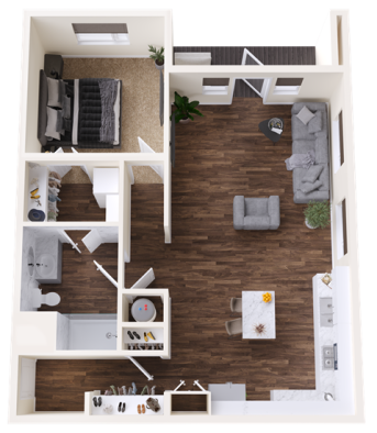 a 3d rendering of a two bedroom apartment at The BroadVue